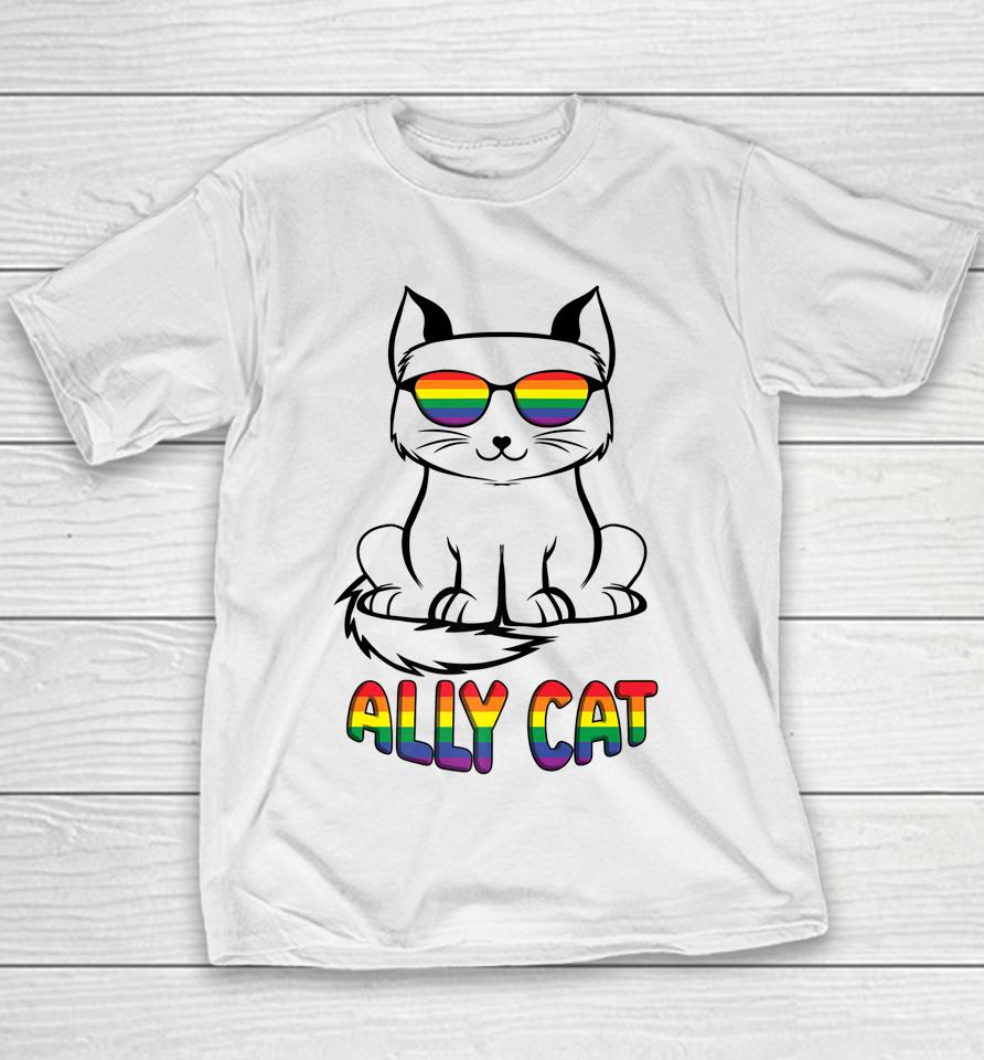 Ally Cat Gay Pride Lgbtq Rainbow Flag Sunglasses Youth T-Shirt