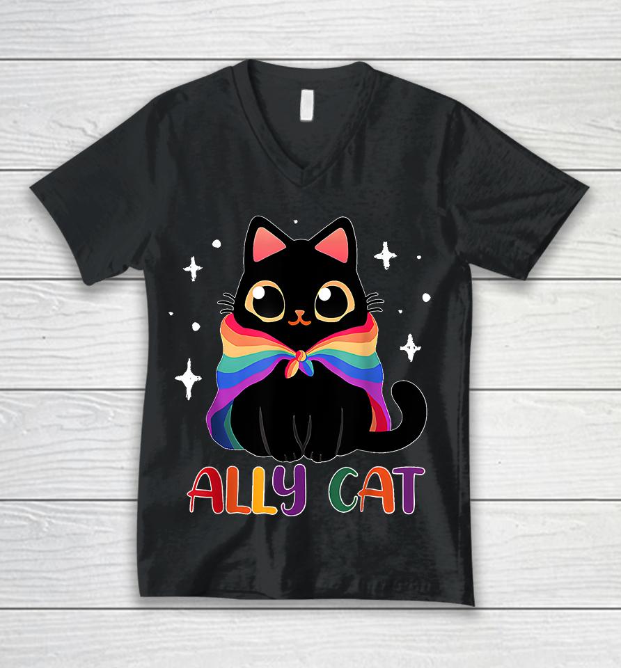 Ally Cat Lgbt Gay Rainbow Pride Flag Funny Cat Lover Unisex V-Neck T-Shirt
