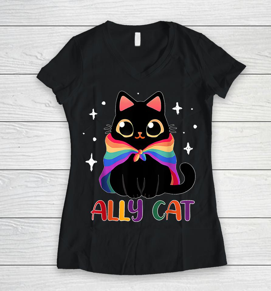 Ally Cat Lgbt Gay Rainbow Pride Flag Funny Cat Lover Women V-Neck T-Shirt