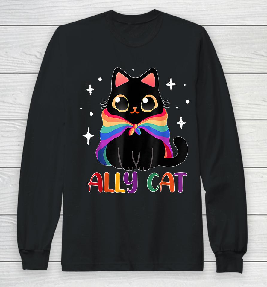 Ally Cat Lgbt Gay Rainbow Pride Flag Funny Cat Lover Long Sleeve T-Shirt