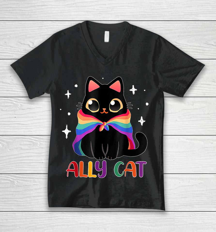 Ally Cat Lgbt Gay Rainbow Pride Flag Funny Cat Lover Unisex V-Neck T-Shirt