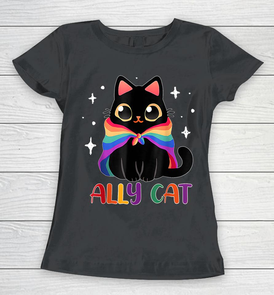 Ally Cat Lgbt Gay Rainbow Pride Flag Funny Cat Lover Women T-Shirt