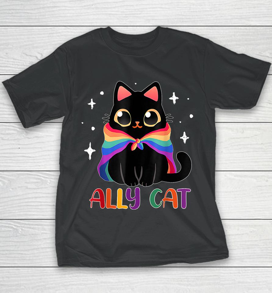 Ally Cat Lgbt Gay Rainbow Pride Flag Funny Cat Lover Youth T-Shirt