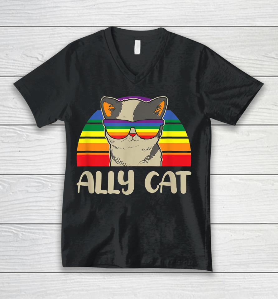 Ally Cat Lgbt Gay Rainbow Pride Flag Unisex V-Neck T-Shirt