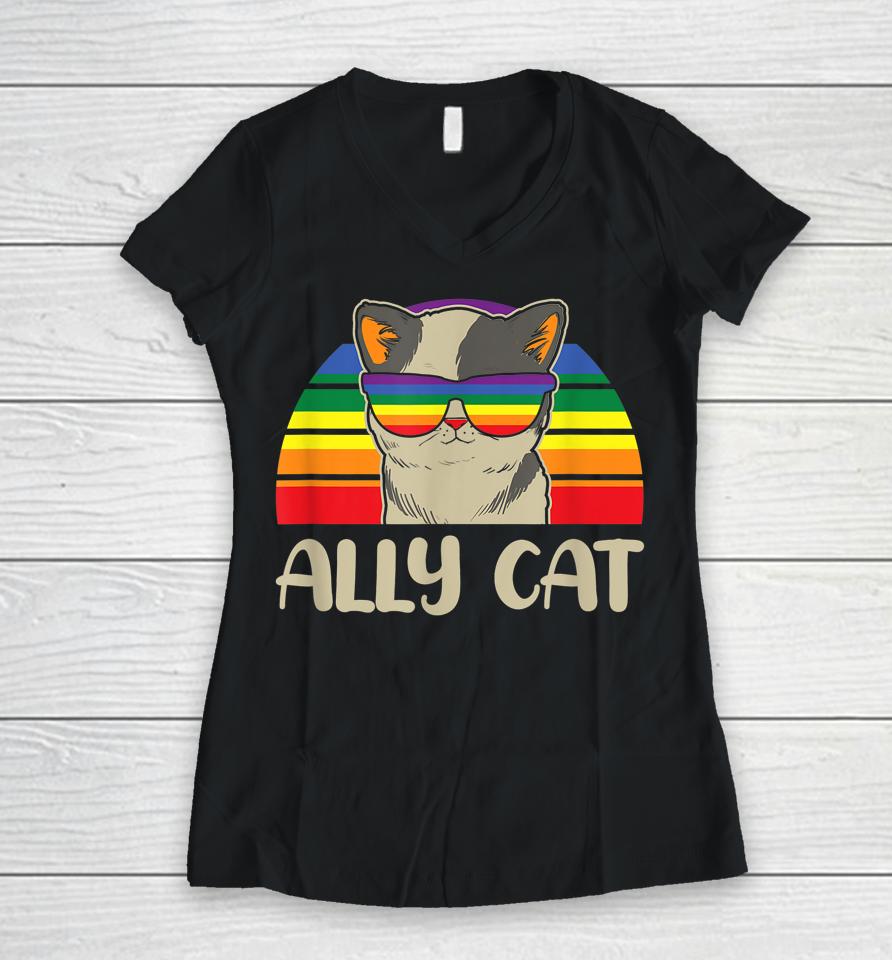 Ally Cat Lgbt Gay Rainbow Pride Flag Women V-Neck T-Shirt