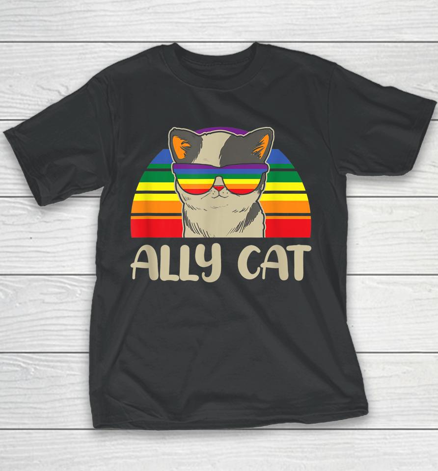 Ally Cat Lgbt Gay Rainbow Pride Flag Youth T-Shirt