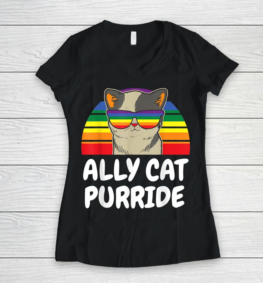 Ally Cat Purride Gay Lgbt Women V-Neck T-Shirt