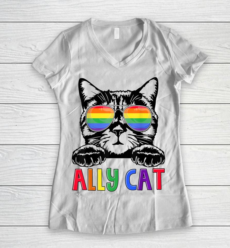 Ally Cat Rainbow Gay Pride Cute Lgbt Animal Pet Lover Women V-Neck T-Shirt