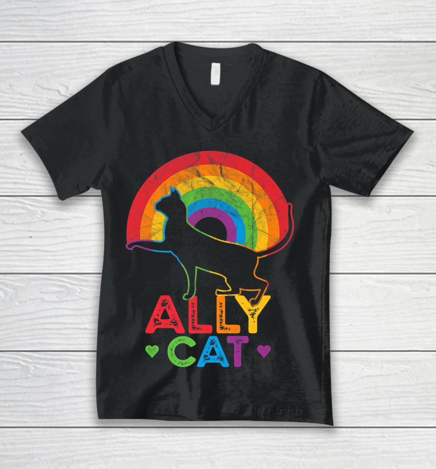 Allycat Lgbt Pride Ally Cat With Rainbow Unisex V-Neck T-Shirt