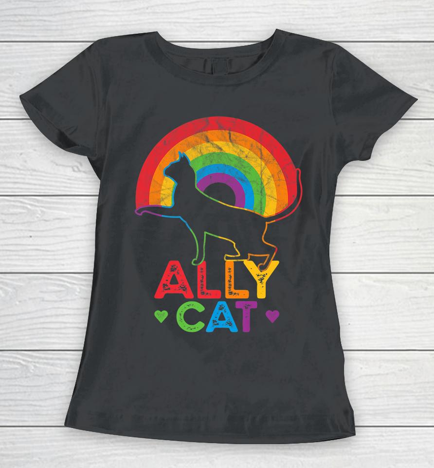 Allycat Lgbt Pride Ally Cat With Rainbow Women T-Shirt