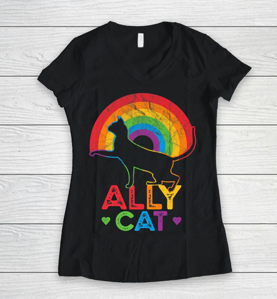 Allycat Lgbt Pride Ally Cat With Rainbow Women V-Neck T-Shirt