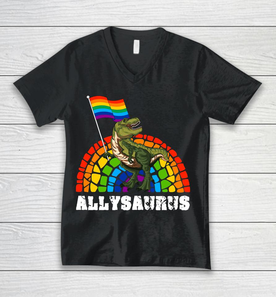 Allysaurus Dinosaur In Rainbow Flag For Ally Lgbt Pride Unisex V-Neck T-Shirt