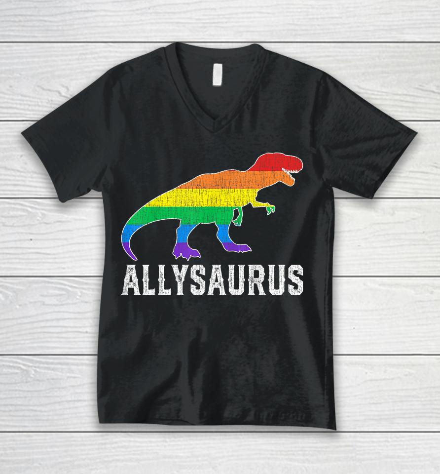 Allysaurus Dinosaur Trex In Rainbow Flag For Ally Lgbt Pride Unisex V-Neck T-Shirt