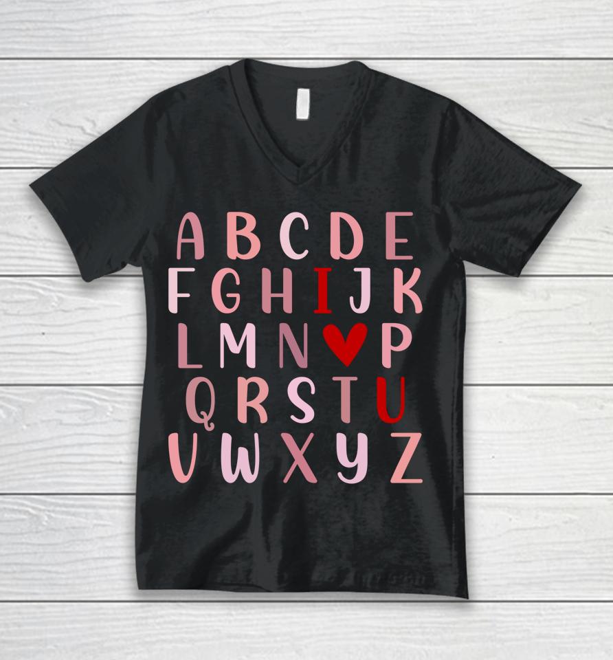 Alphabet Abc I Love You Valentines Day Funny English Teacher Unisex V-Neck T-Shirt