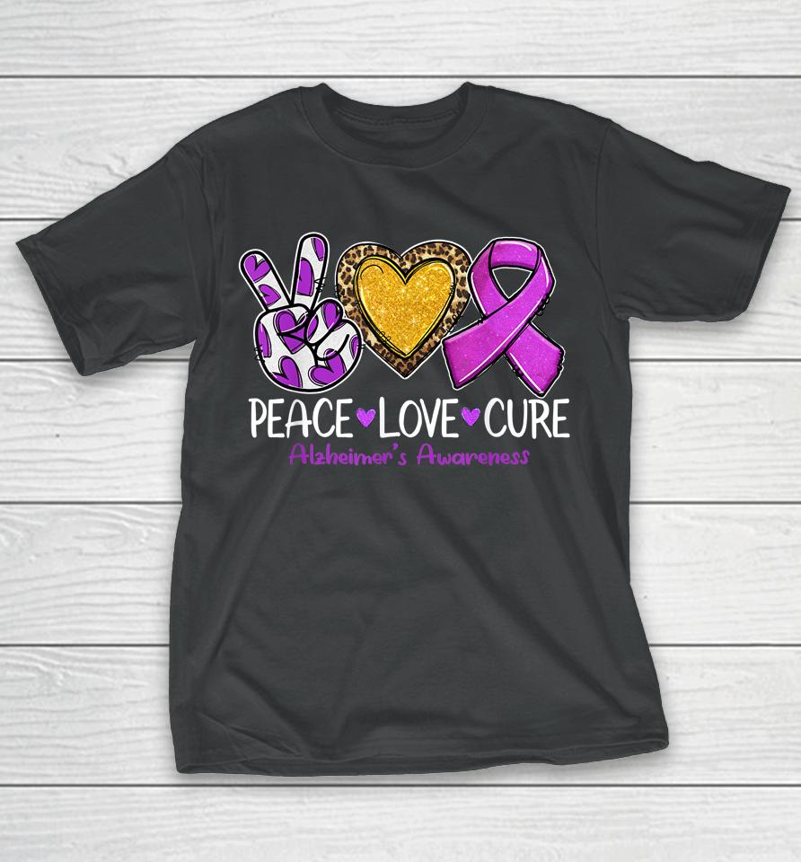 Alzheimer's Awareness Peace Love Cure Purple Ribbon T-Shirt