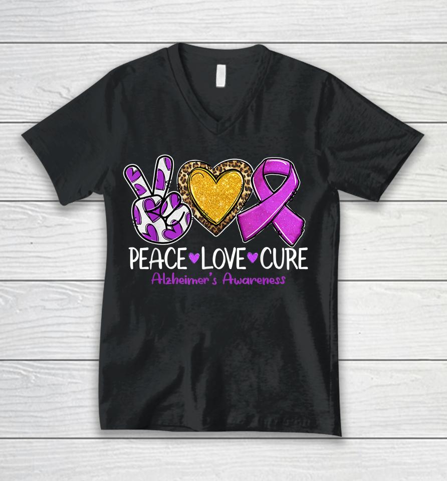 Alzheimer's Awareness Peace Love Cure Purple Ribbon Unisex V-Neck T-Shirt