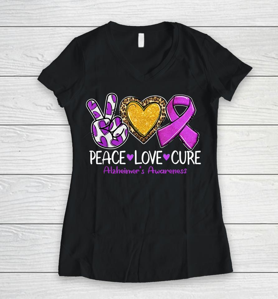 Alzheimer's Awareness Peace Love Cure Purple Ribbon Women V-Neck T-Shirt