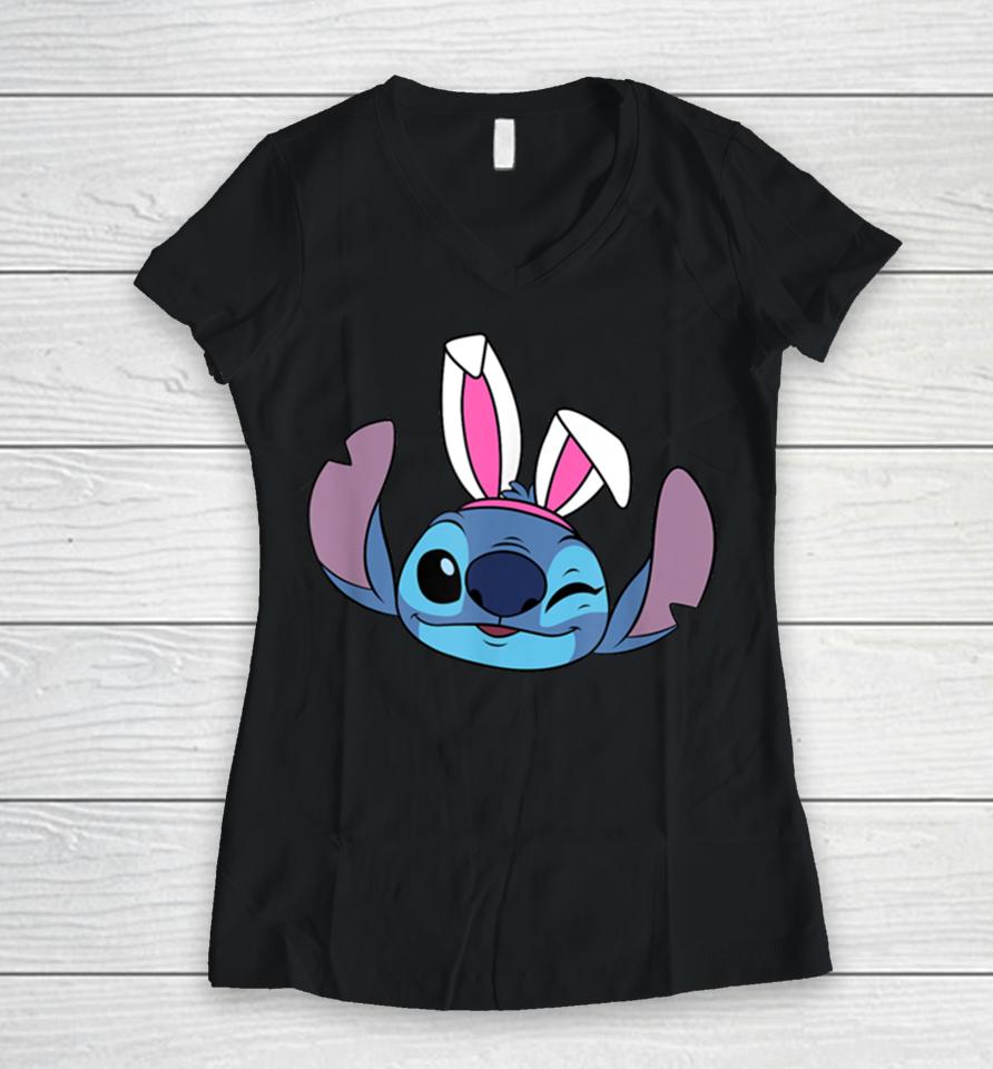 Amazon Essentials Disney Stitch Winking Spring Easter Bunny Ears Women V-Neck T-Shirt