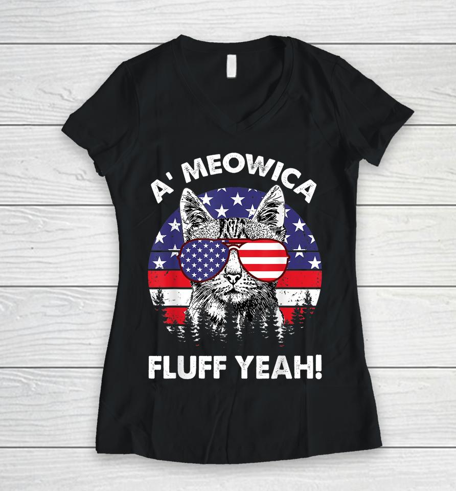 A'meowica Fluff Yeah Patriotic American 4Th Of July Women V-Neck T-Shirt