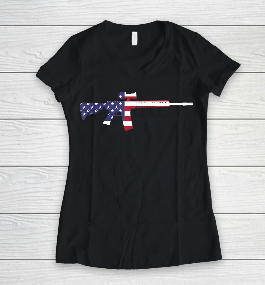 America Rifle Murica Libertarian Conservative Gun Usa Flag Women V-Neck T-Shirt