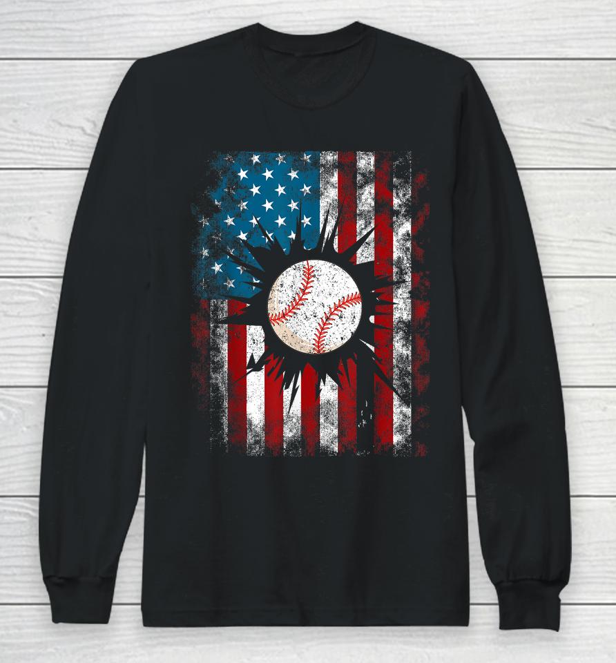 American Baseball Us Flag 4Th Of July Boys Long Sleeve T-Shirt