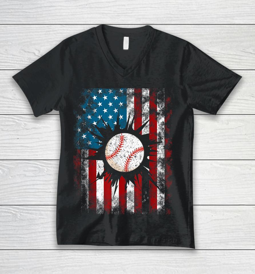 American Baseball Us Flag 4Th Of July Boys Unisex V-Neck T-Shirt