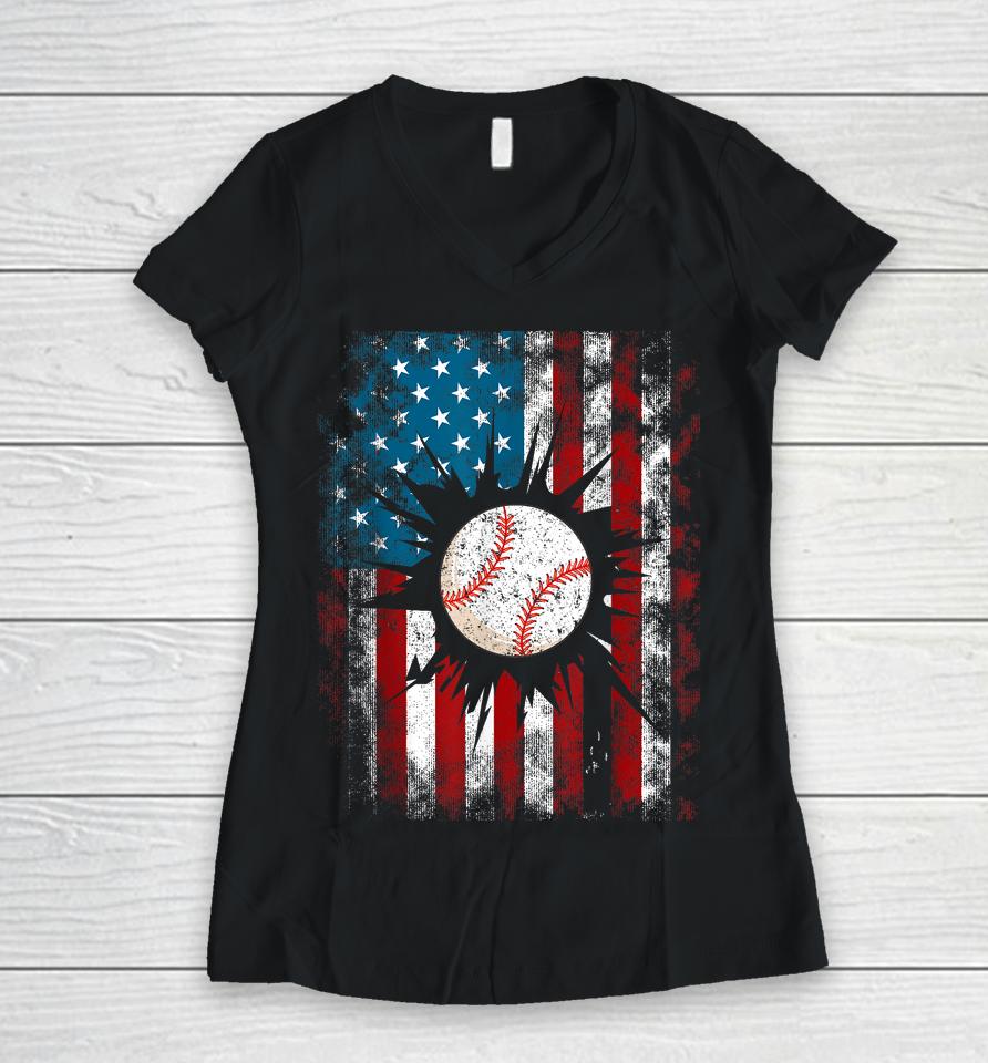 American Baseball Us Flag 4Th Of July Boys Women V-Neck T-Shirt
