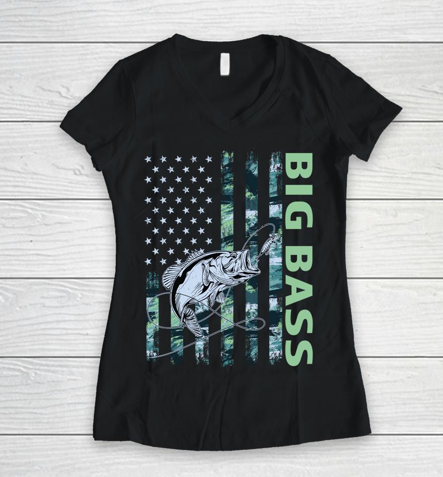 American Camo Flag Big Bass Fishing Cool Usa Women V-Neck T-Shirt