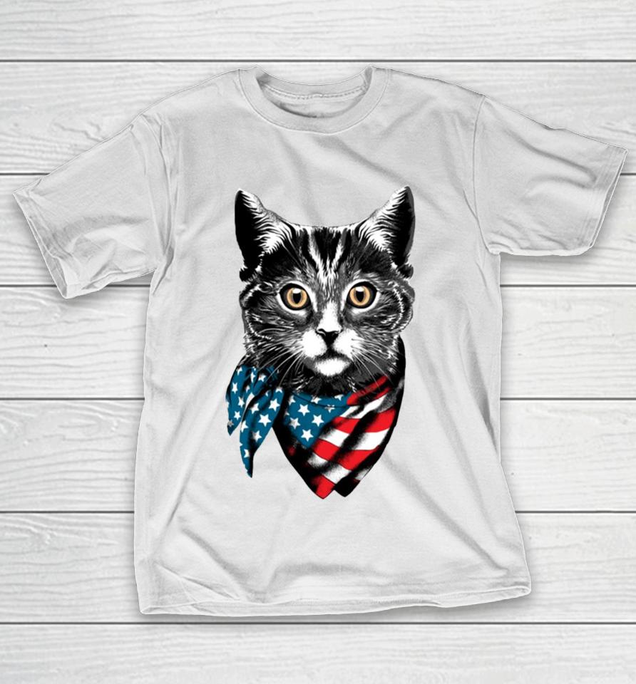 American Cat Wearing Usa Flag Scarf T-Shirt