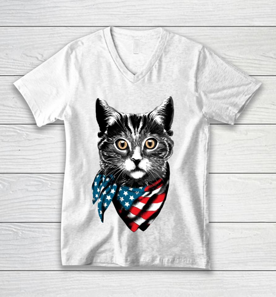 American Cat Wearing Usa Flag Scarf Unisex V-Neck T-Shirt
