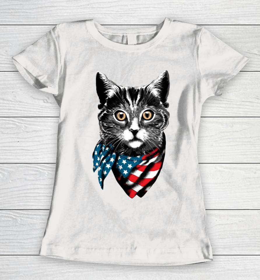 American Cat Wearing Usa Flag Scarf Women T-Shirt