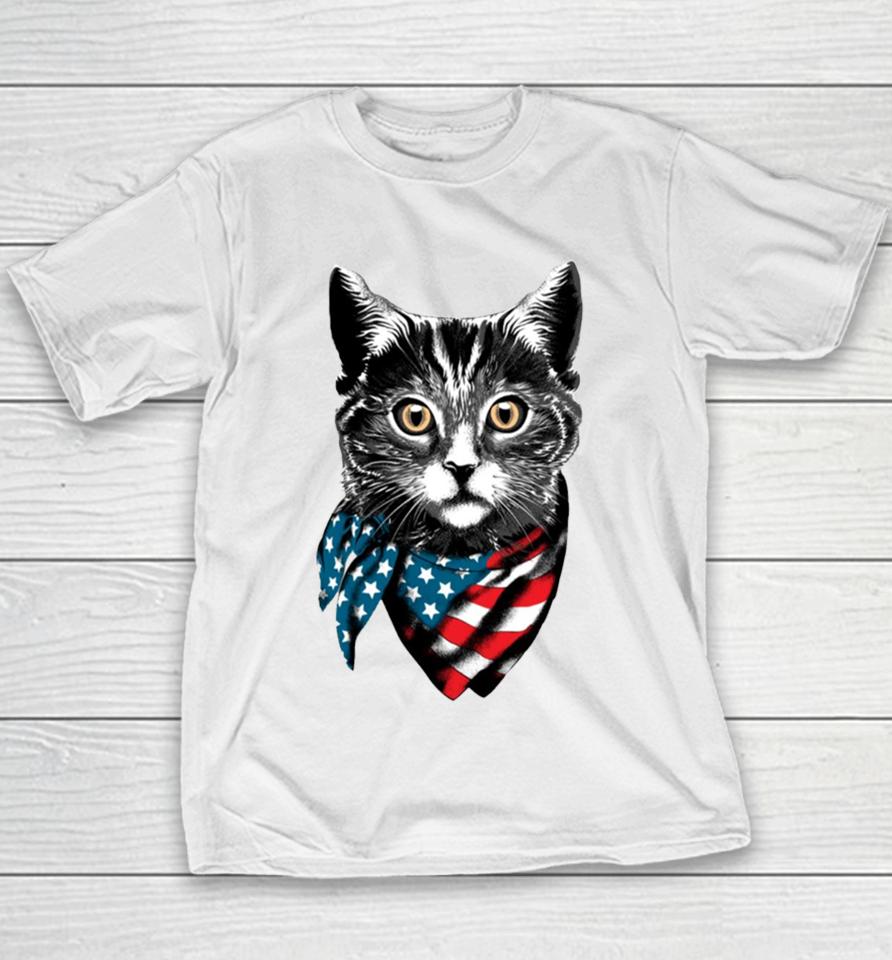 American Cat Wearing Usa Flag Scarf Youth T-Shirt