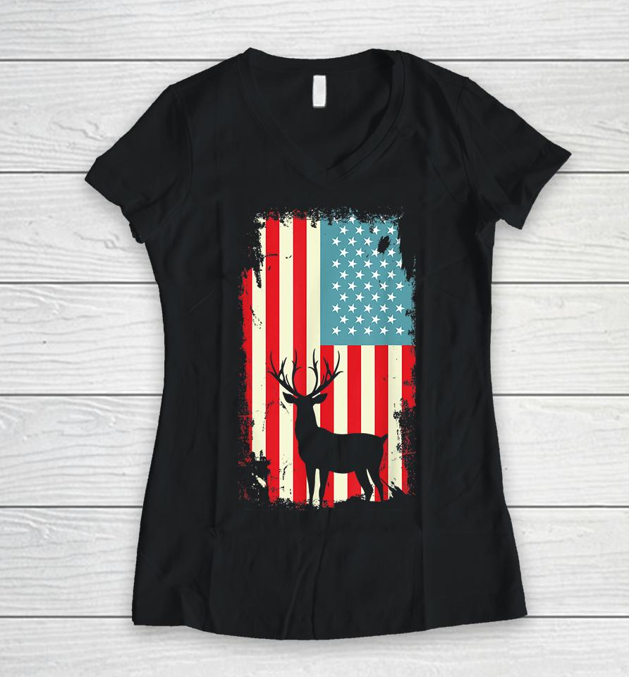 American Deer Hunter Patriotic Vintage Women V-Neck T-Shirt