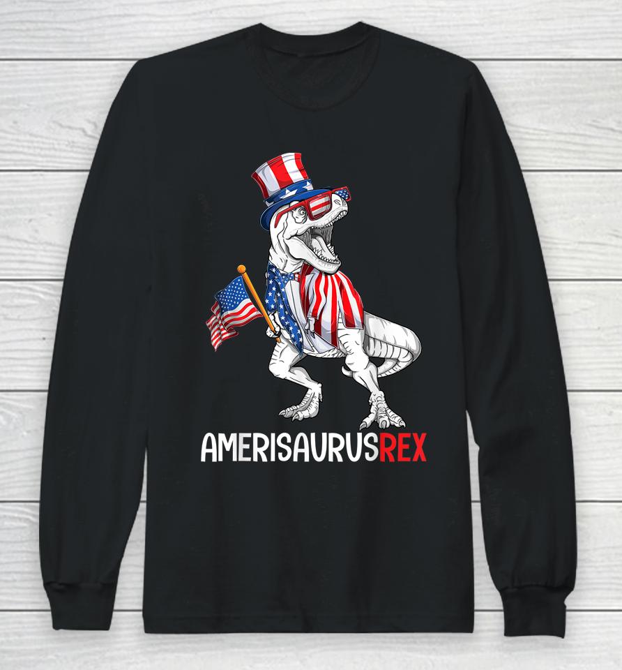American Flag 4Th Of July T Rex Dinosaur Amerisaurus Boy Long Sleeve T-Shirt
