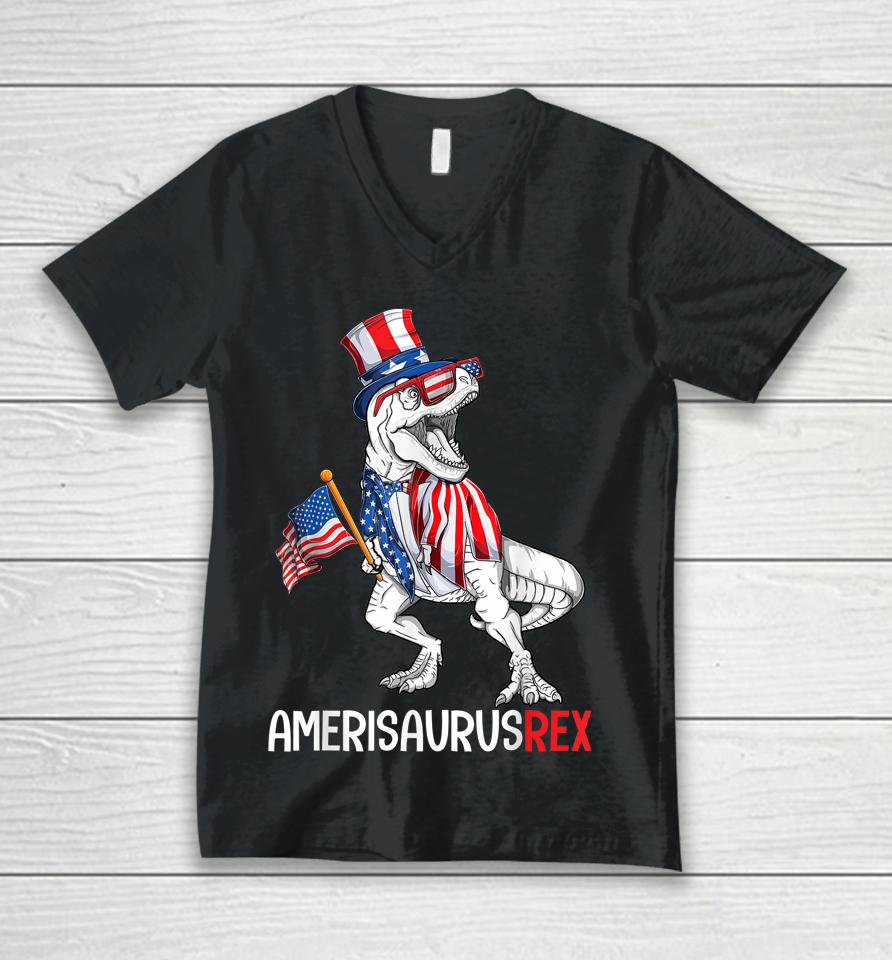 American Flag 4Th Of July T Rex Dinosaur Amerisaurus Boy Unisex V-Neck T-Shirt