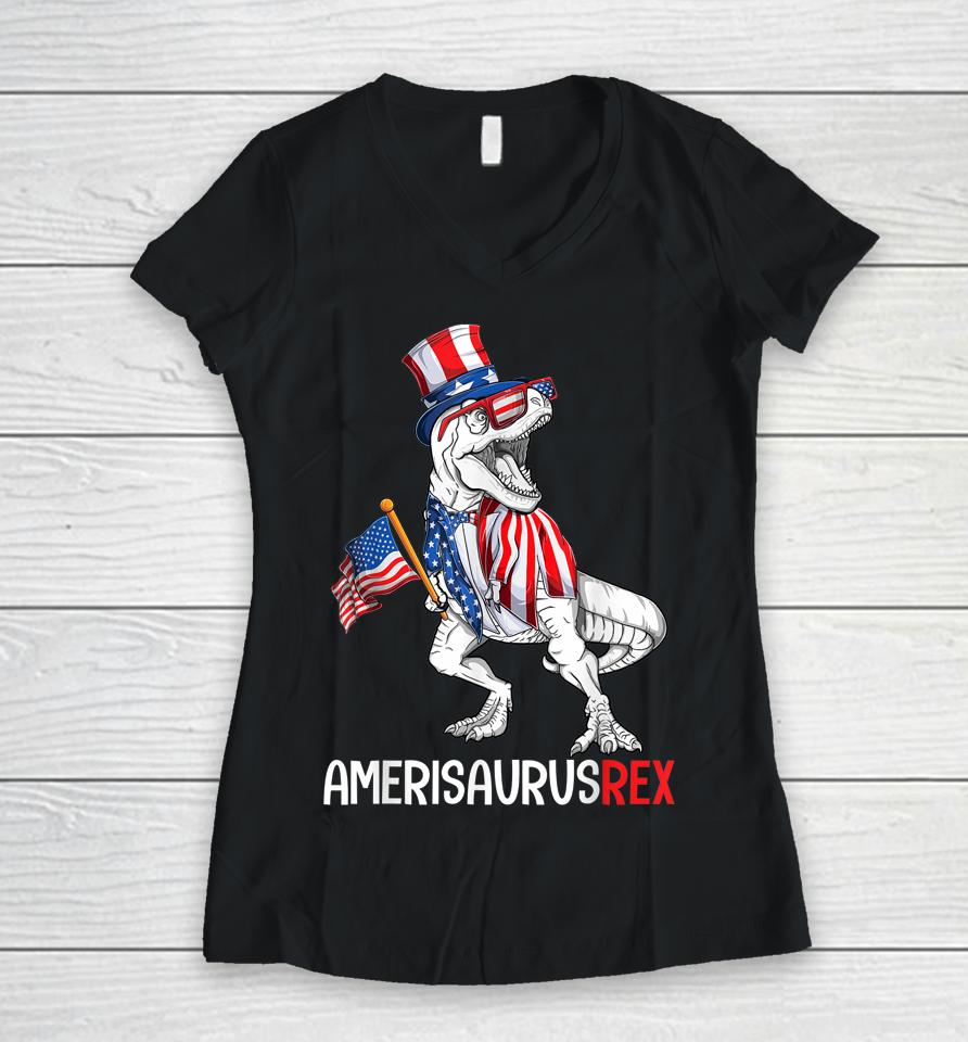 American Flag 4Th Of July T Rex Dinosaur Amerisaurus Boy Women V-Neck T-Shirt