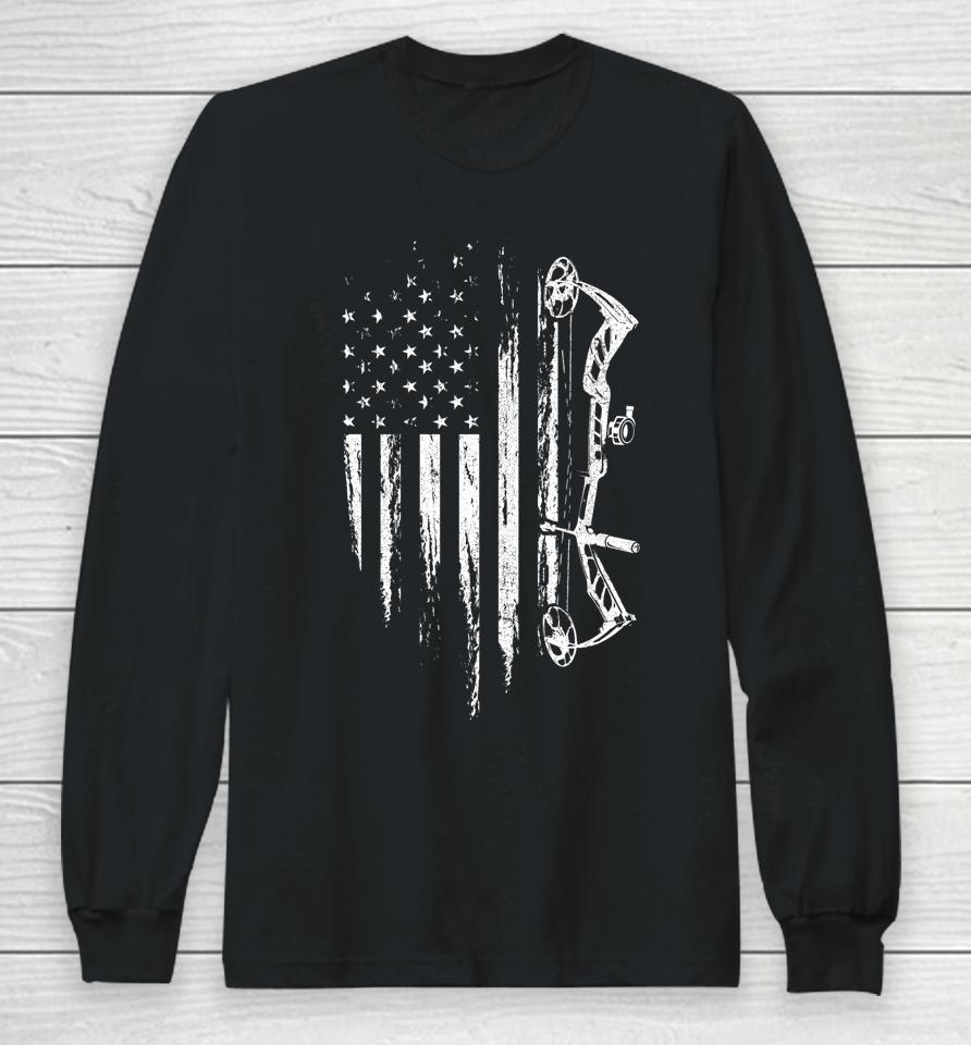 American Flag Bowhunting Bow Archery Gift For Deer Hunter Long Sleeve T-Shirt