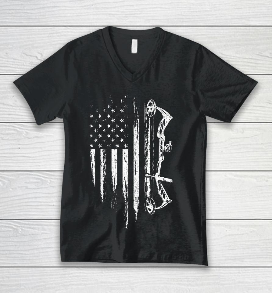 American Flag Bowhunting Bow Archery Gift For Deer Hunter Unisex V-Neck T-Shirt