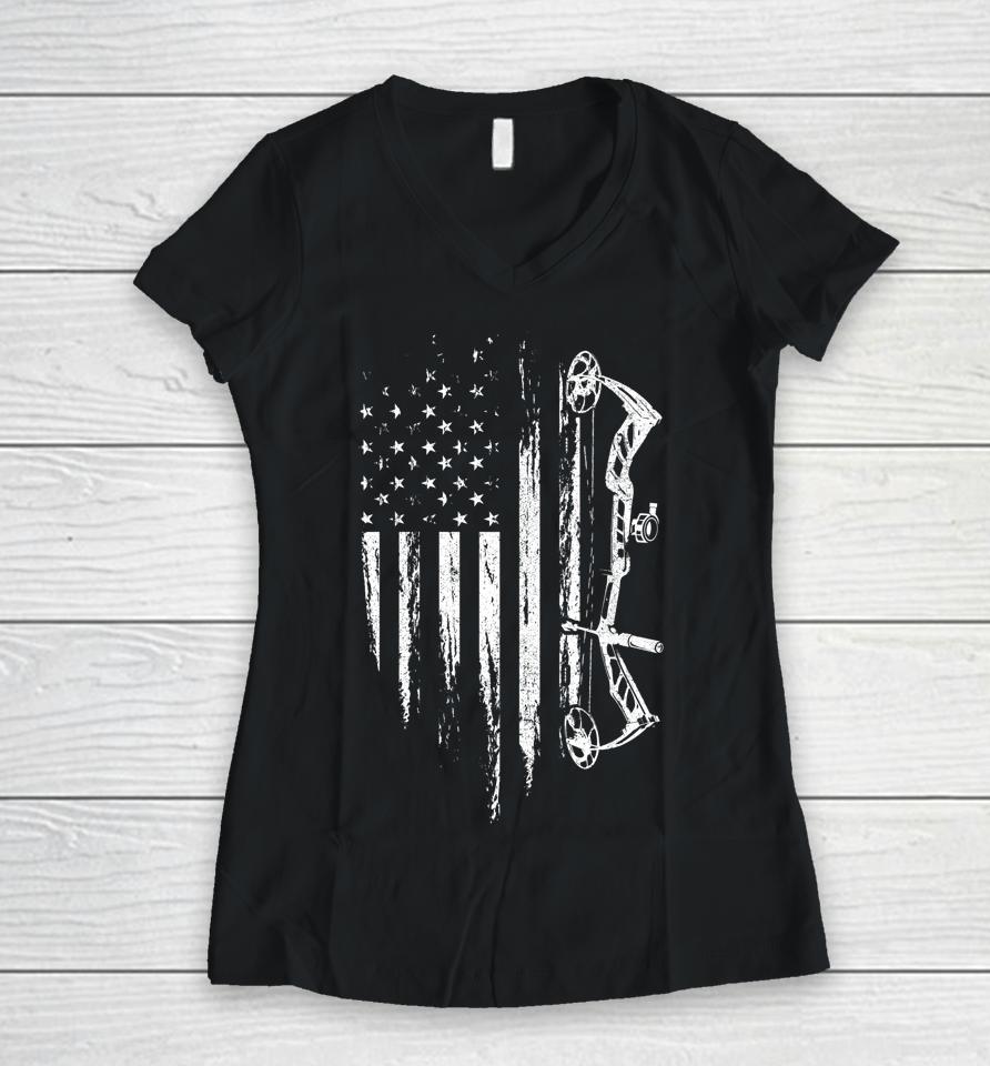 American Flag Bowhunting Bow Archery Gift For Deer Hunter Women V-Neck T-Shirt