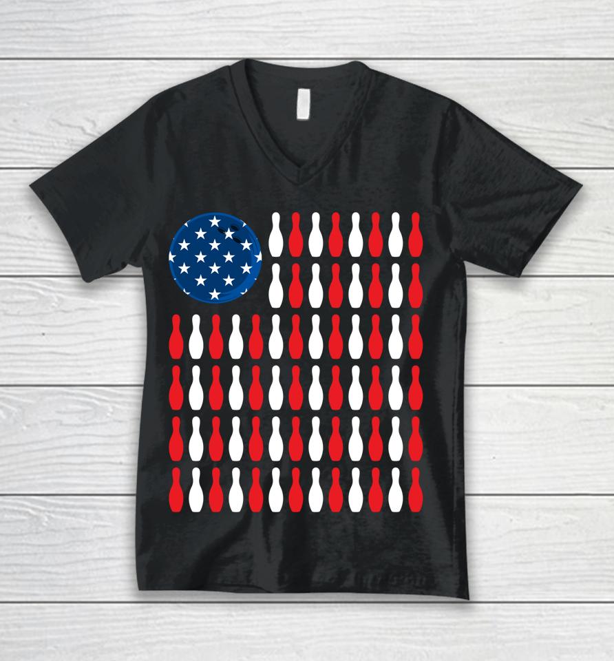 American Flag Bowling Unisex V-Neck T-Shirt