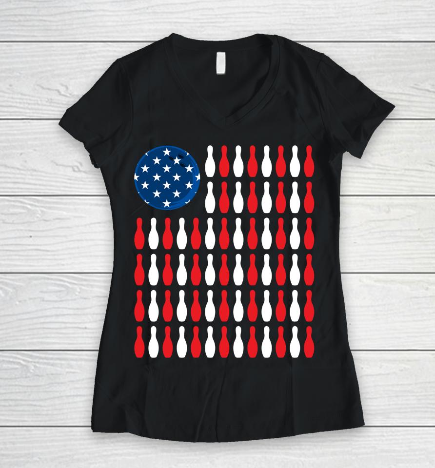 American Flag Bowling Women V-Neck T-Shirt