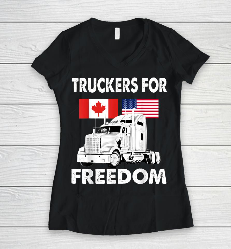 American Flag Canada Flag Freedom Convoy 2022 Truck Driver Women V-Neck T-Shirt