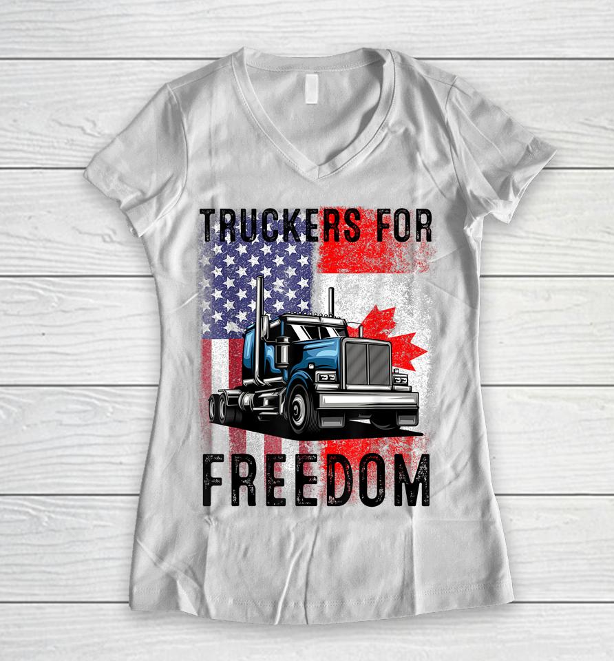 American Flag Canada Flag Freedom Convoy 2022 Trucker Driver Women V-Neck T-Shirt