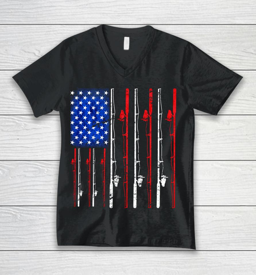 American Flag Fishing Rod Fishing Lover Unisex V-Neck T-Shirt