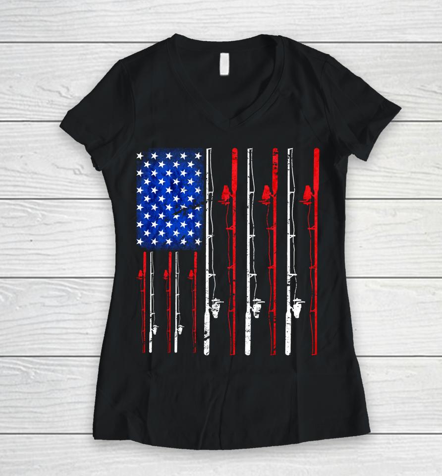 American Flag Fishing Rod Fishing Lover Women V-Neck T-Shirt