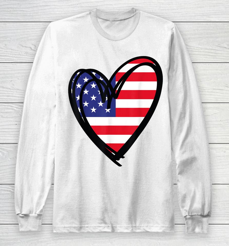 American Flag Heart 4Th Of July Usa Patriotic Pride Long Sleeve T-Shirt