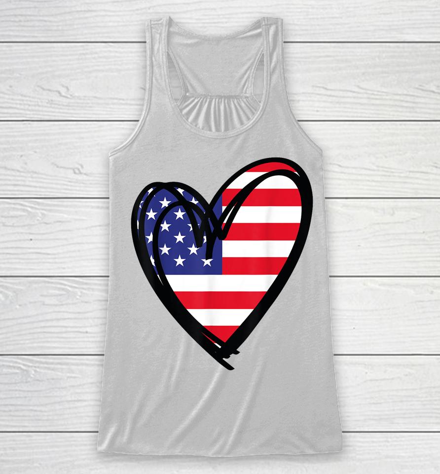 American Flag Heart 4Th Of July Usa Patriotic Pride Racerback Tank