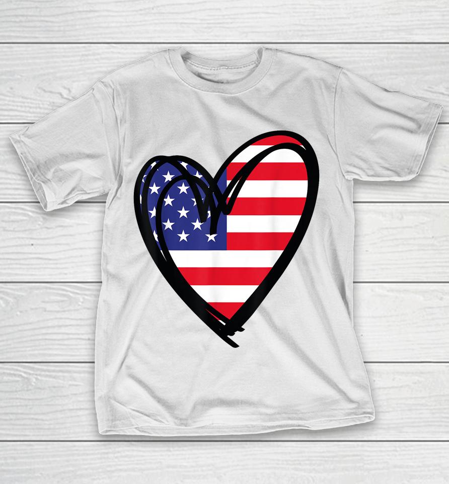 American Flag Heart 4Th Of July Usa Patriotic Pride T-Shirt