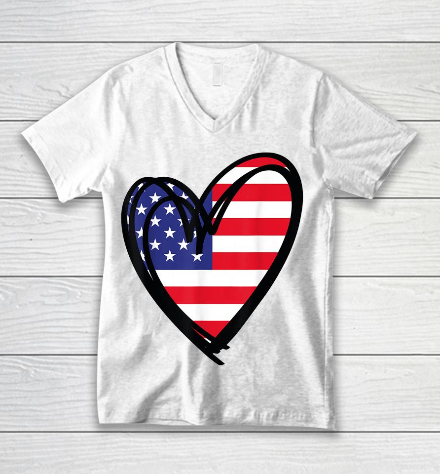 American Flag Heart 4Th Of July Usa Patriotic Pride Unisex V-Neck T-Shirt
