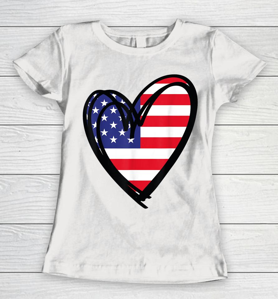 American Flag Heart 4Th Of July Usa Patriotic Pride Women T-Shirt